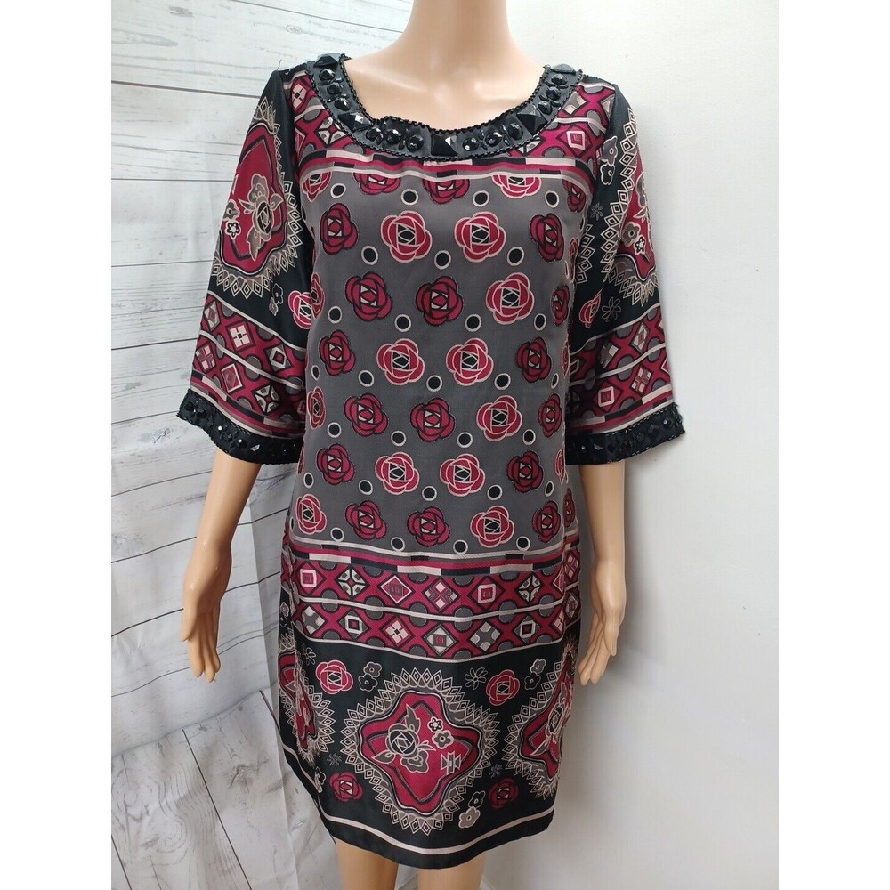 Mixit Tunic Dress Beaded Embellished Floral Black Red Sz 12